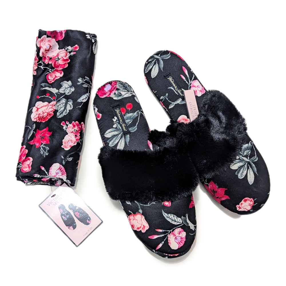 Victoria's Secret Black Floral Slipper Victoria's Secret Black Faux Fur NWTS